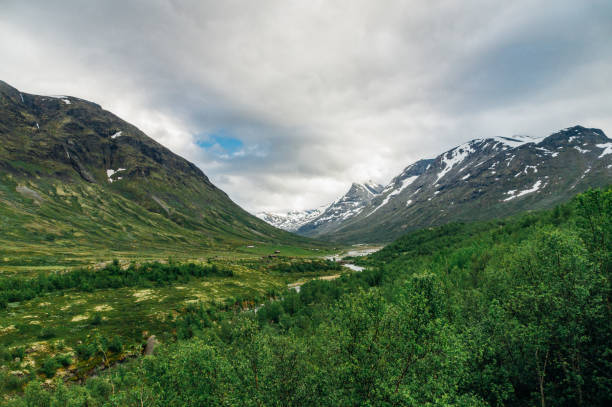 scandinavian-mountains-and-valley-by-summer-picture-id669971336