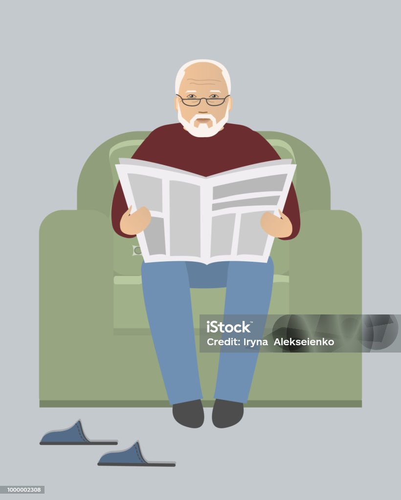 Old man is sitting in an armchair and reading a newspaper Old man is sitting in an armchair and reading a newspaper. There are also room slippers in the picture. Vector illustration Newspaper stock vector