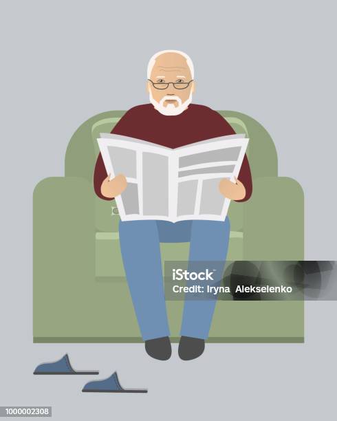 Old Man Is Sitting In An Armchair And Reading A Newspaper Stock Illustration - Download Image Now