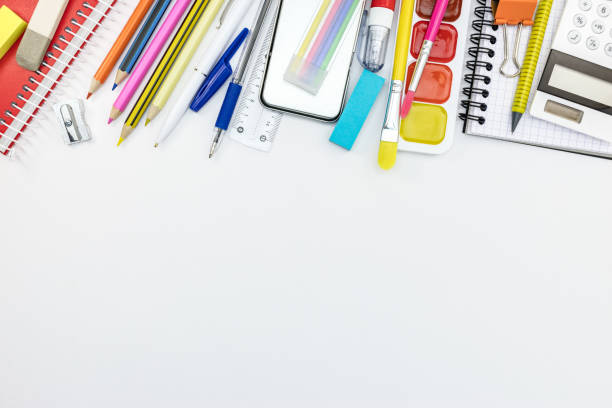 istock bright school stationary and accessories on white background 1000002632