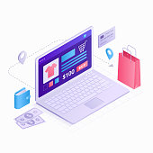 istock Laptop Isometric 3D flat design vector illustration. Online shopping concept icons isolated on white background with infographic elements, computer, shopping bag, credit card, item, money and wallet 1000003446