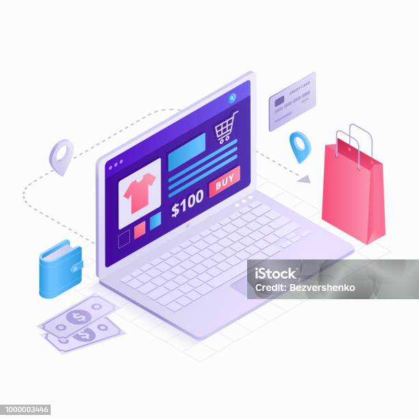 Laptop Isometric 3d Flat Design Vector Illustration Online Shopping Concept Icons Isolated On White Background With Infographic Elements Computer Shopping Bag Credit Card Item Money And Wallet Stock Illustration - Download Image Now