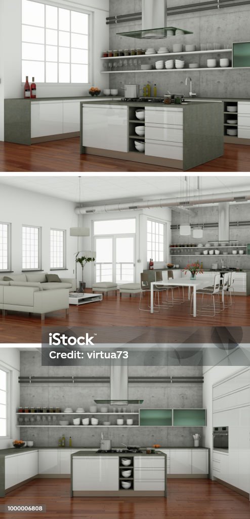 Three Views Of Modern Interior Loft Design Stock Photo - Download Image ...