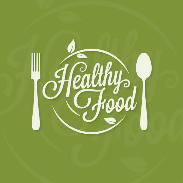 Healthy food logo. Plate with fork and spoon concept on green background 10 eps