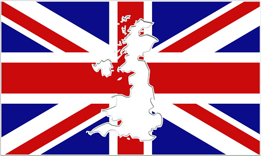 3D render of flag of a modern-day European country of Great Britain (United Kingdom / UK), with territory map cut out from the middle of the flag, isolated on white background.