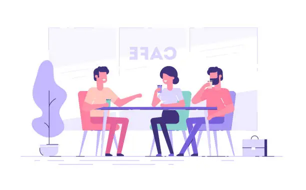 Vector illustration of A group of friends or colleagues talking in a cafe. Flat vector illustration.