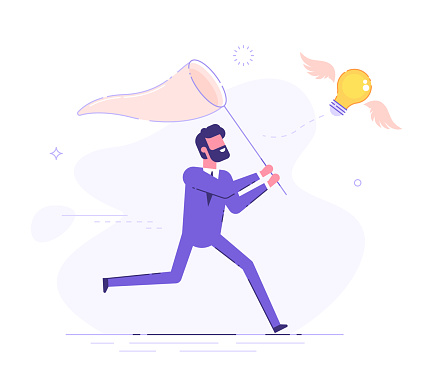 Businessman is trying to catch flying light bulb with a scoop-net. Search for ideas. Flat vector illustration.