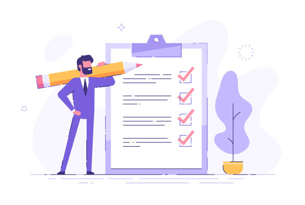 ilustrações de stock, clip art, desenhos animados e ícones de positive business man with a giant pencil on his shoulder nearby marked checklist on a clipboard paper. successful completion of business tasks. flat vector illustration. - stationary document business paper clip