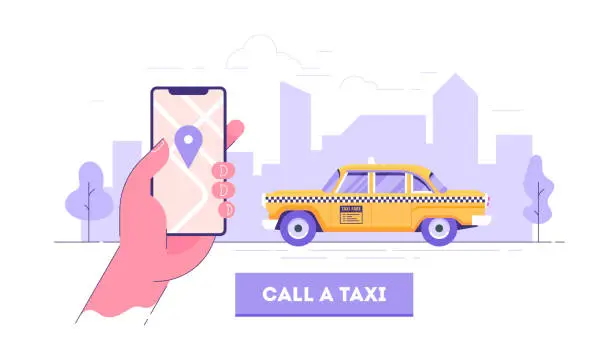 Vector illustration of Public taxi mobile application concept. Hand holding smart phone with taxi app on display. Urban taxi service. Flat vector illustration.