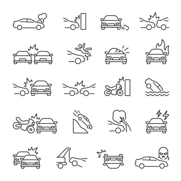 ilustraciones, imágenes clip art, dibujos animados e iconos de stock de iconos relacionados con el accidente de coche - accidente de automóvil
