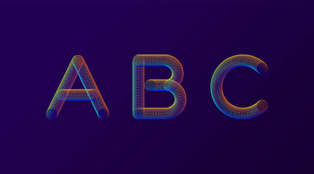 Set of colorful modern abstract letters creative design vector illustration. Rainbow Neon spring alphabet isolated on dark purple background. Set of colorful modern abstract letters creative design vector illustration. Rainbow Neon spring alphabet isolated on dark purple background a b c stock illustrations