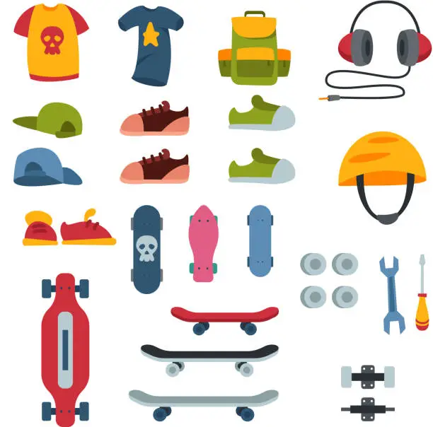 Vector illustration of Skateboarder active sport tools extreme outdoor active skateboarding urban jumping tricks icons vector illustration