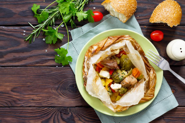 istock Grilled chicken breasts with cheese. Thanksgiving Turkey dinner. Top view flat lay background. Copy space. 1000065080