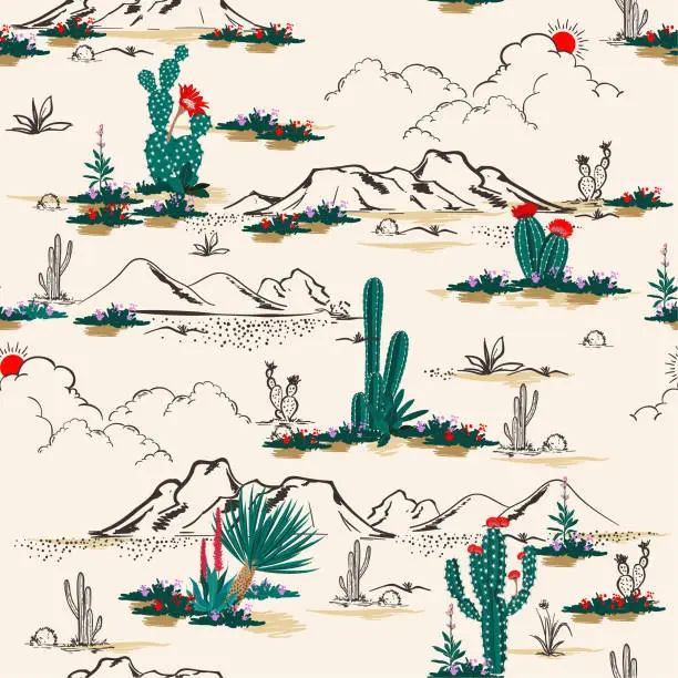 Vector illustration of Seamless pattern vector summer cactus on desert mix with beautiful blooming succulents flower for fashion fabric and all prints