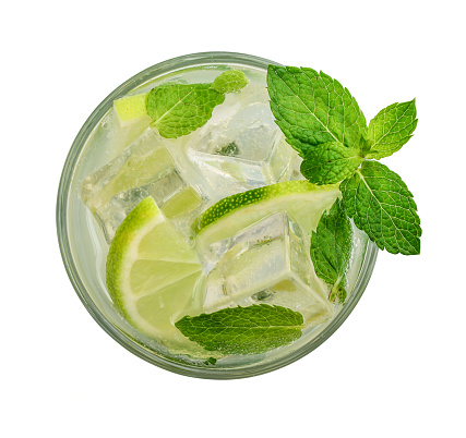 Glass of Mojito cocktail or soda drink with lime and mint isolated on white background, top view