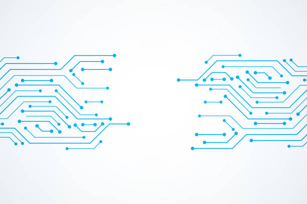 абстрактный технологический фон , синий шаблон платы - компьютерная микросхема stock illustrations