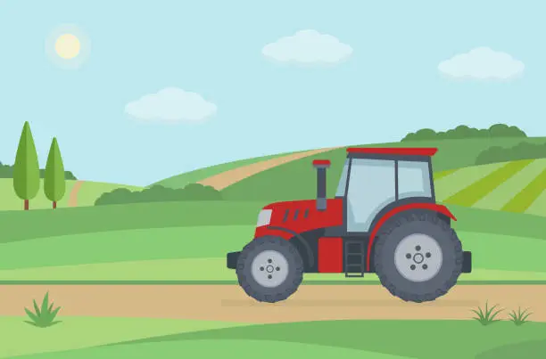 Vector illustration of Red tractor on rural landscape background.