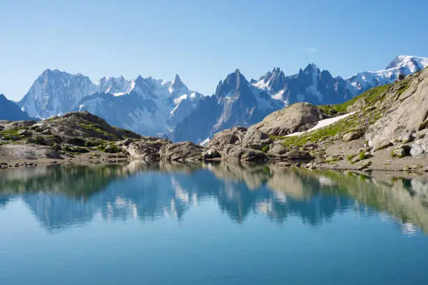Mont Blanc Mountains reflected in Lac Blanc, Mont Blanc Massif, Alps, France