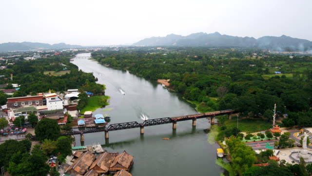 Aerial view The train runs across the bridge across the River Kwai, built during the Second World War.