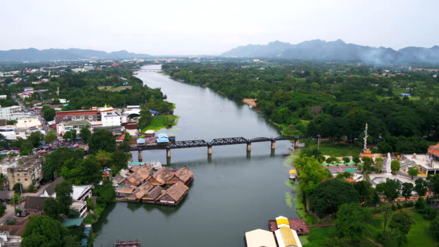 Aerial view The train runs across the bridge across the River Kwai, built during the Second World War.