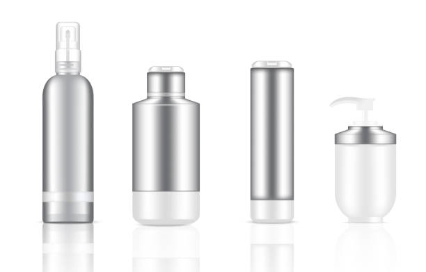 istock Mock up Realistic White and Metal Cosmetic Pump Soap, Shampoo and Spray Luxury Bottles Set Background Illustration 1000124572