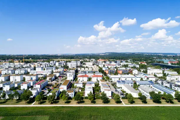 Aerial view of a new residential district of Wiley, Neu-Ulm, Bavaria, Germany