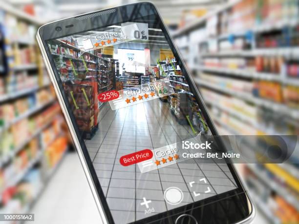 Augmentedrealityanwendung Marketingkonzept Mobile Smartphone Überprüfen Sie Relevante Informationen Zu Produkt Im Supermarkt Stockfoto und mehr Bilder von Einzelhandel - Konsum