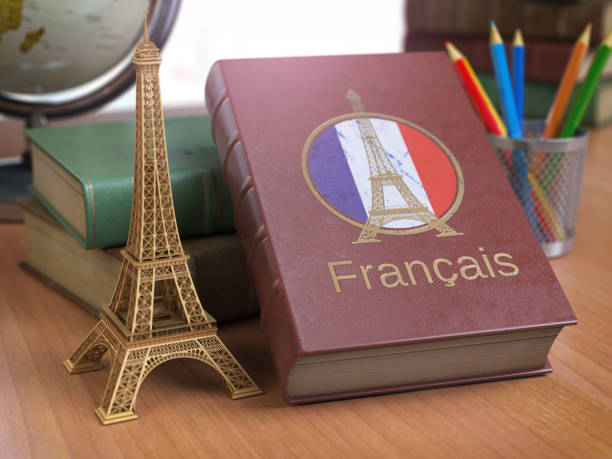 Learn and studiyng French concept. Book with  French flag and Eiffel tower on the table. Learn and studiyng French concept. Book with  French flag and Eiffel tower on the table. 3d Iluustration Universities in France stock pictures, royalty-free photos & images