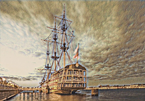 Computer painting of old ship on Neva river