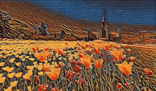 Digital wide angle painting of famous Russian university with tulip field and cloud in summer in Moscow