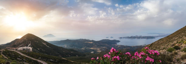 Panoramic view from Profitis Ilias on Milos Island (Cyclades, Greece) at sunset. Profitis Ilias (748m) is the highest peak on the island.