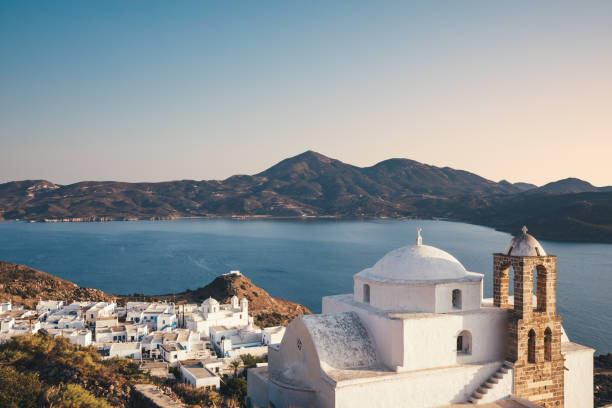 Church on the top of the hill in Plaka village (Milos Island, Cyclades, Greece).