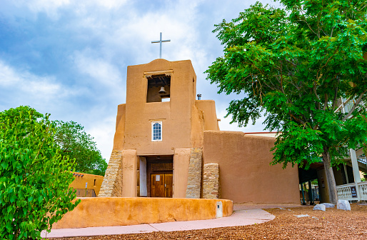 The San Miguel Mission historic church in downtown Santa Fe, NM.