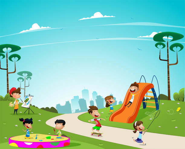 illustrations, cliparts, dessins animés et icônes de les enfants jouer dans l'aire de jeux - playground cute baby blue