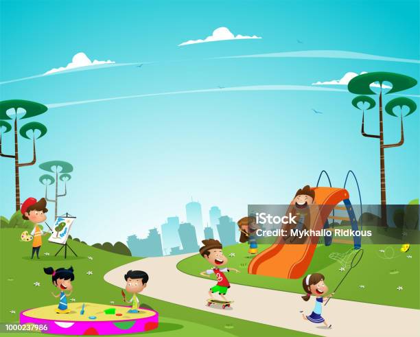 Children Play In The Playground Stock Illustration - Download Image Now - Child, Playground, Backgrounds