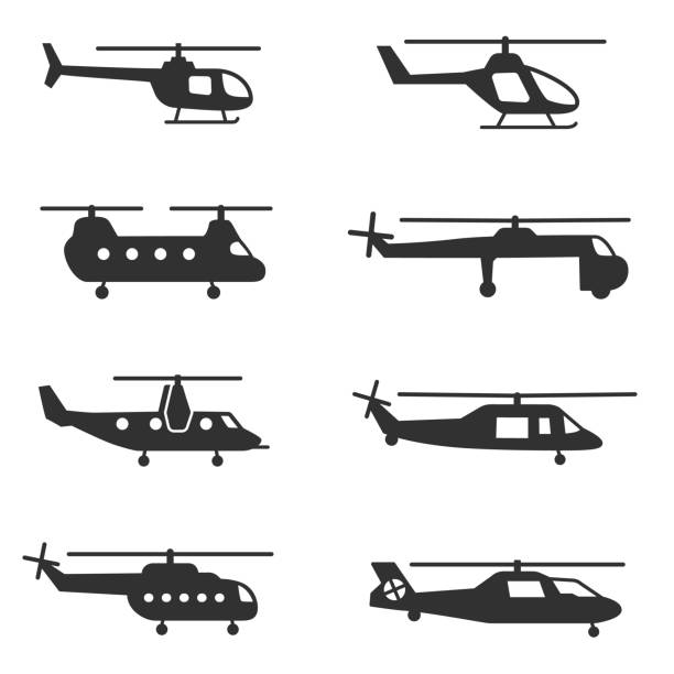 illustrazioni stock, clip art, cartoni animati e icone di tendenza di icone elicotteri set - elicottero