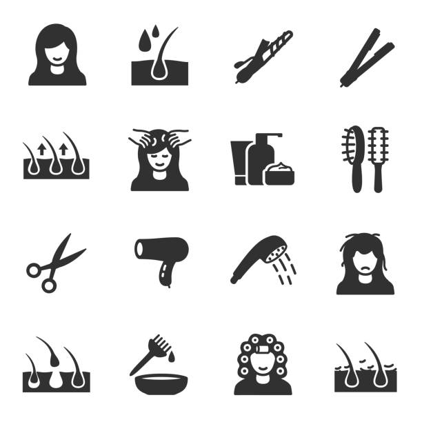 haarpflege, icons set - hairdresser human hair hairstyle hair care stock-grafiken, -clipart, -cartoons und -symbole