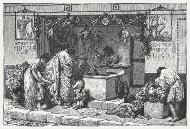 szene aus dem alten rom: feinkost-geschäft mit lebensmitteln, veröffentlichten c.1895 - ancient rome illustrations stock-grafiken, -clipart, -cartoons und -symbole