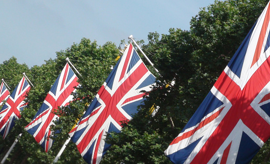 Union Flag on a pub car park fence in Haworth to commemorate Queen Elizabeth II platinum jubilee.