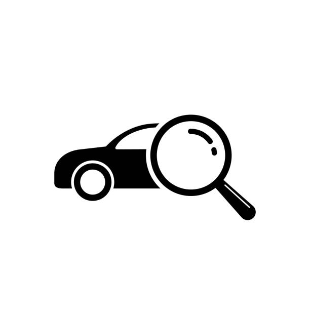 Looking for car selling icon, magnifying glass search car, vector logo. Looking for car selling icon, magnifying glass search car, vector logo illustration. car dealer icon stock illustrations