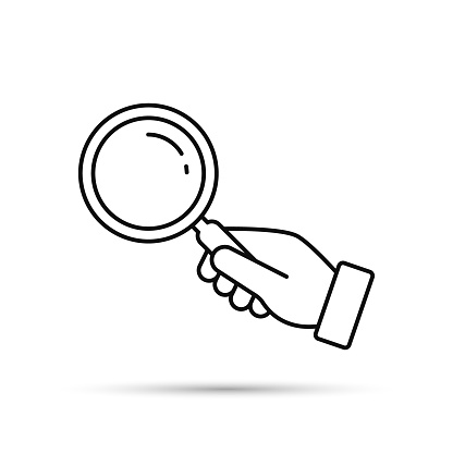 Hand holding magnifying glass outline icon. Black silhouette isolated on white background. Vector flat illustration. Search concept.