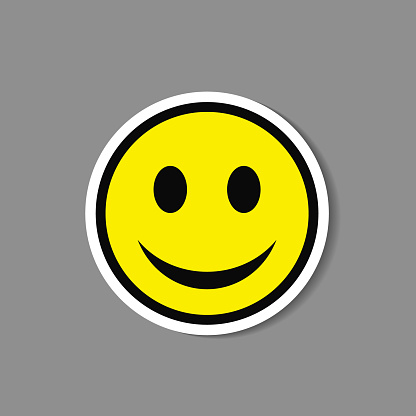 Smiley paper sticker. Vector happy face emoticon badge or label.