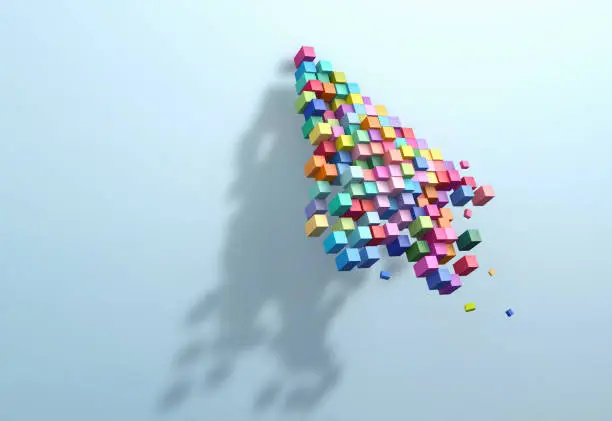 Photo of 3D rendering crumbling cursor colorful pixel