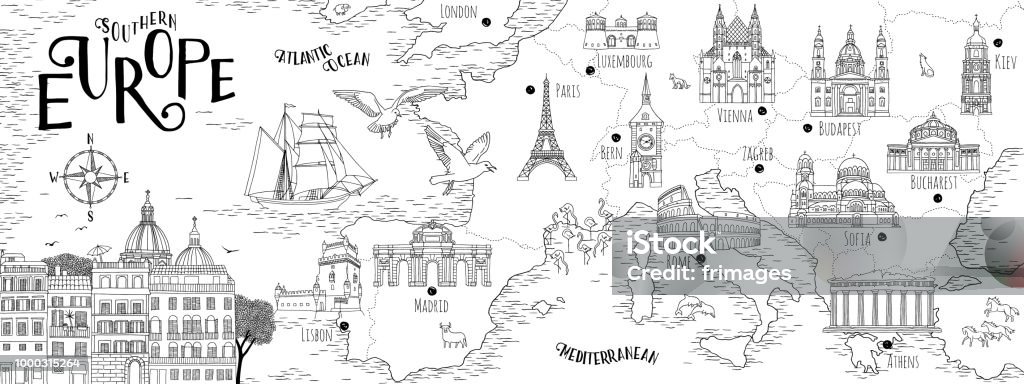 Hand gezeichnete Karte von Südeuropa - Lizenzfrei Karte - Navigationsinstrument Vektorgrafik