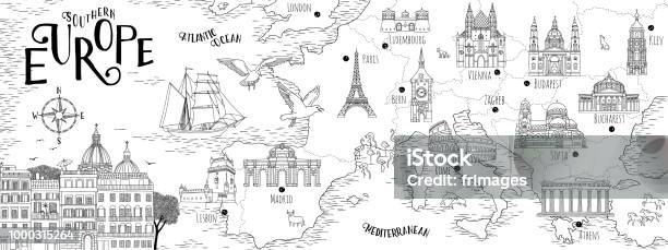 Hand Gezeichnete Karte Von Südeuropa Stock Vektor Art und mehr Bilder von Karte - Navigationsinstrument - Karte - Navigationsinstrument, Zeichnung, Europa - Kontinent
