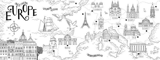 ilustrações de stock, clip art, desenhos animados e ícones de hand drawn map of southern europe - travel map famous place europe