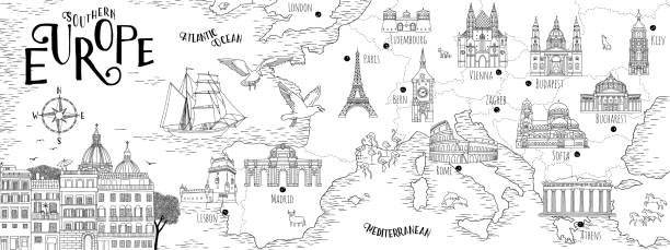 Hand drawn map of Southern Europe with selected capitals and landmarks, vintage web banner