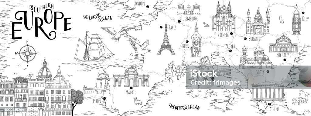 Hand drawn map of Southern Europe Hand drawn map of Southern Europe with selected capitals and landmarks, vintage web banner Map stock vector