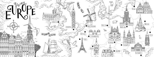 hand gezeichnete karte von zentral-europa - travel map famous place europe stock-grafiken, -clipart, -cartoons und -symbole