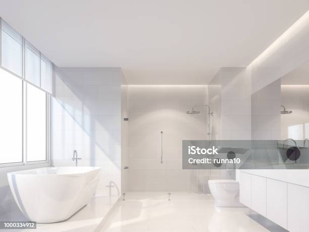 Modern Luxury White Bathroom 3d Render Stock Photo - Download Image Now - Bathroom, White Color, Bathtub